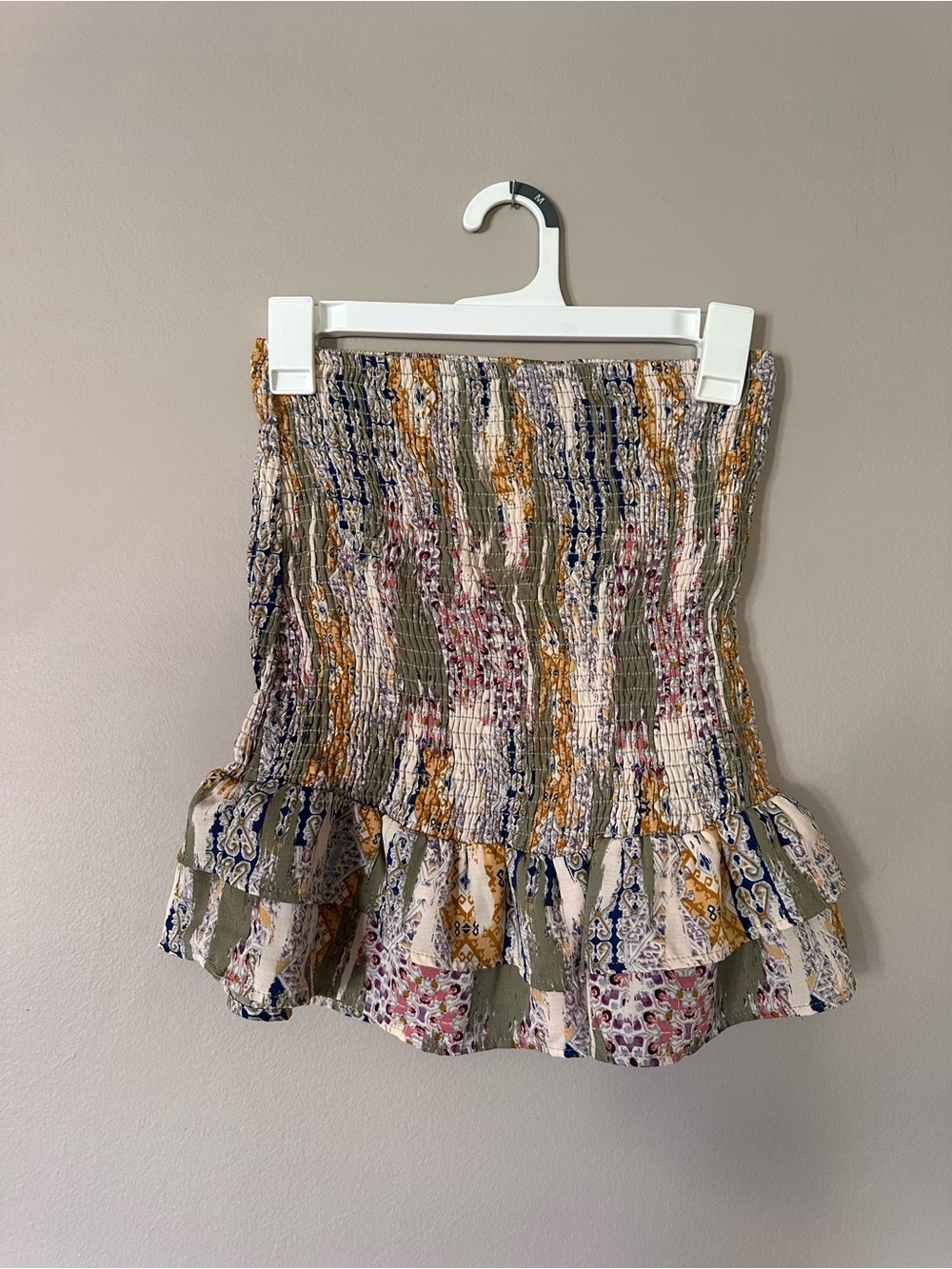 Smocked Ruffle Mini Skirt in Olive Multi